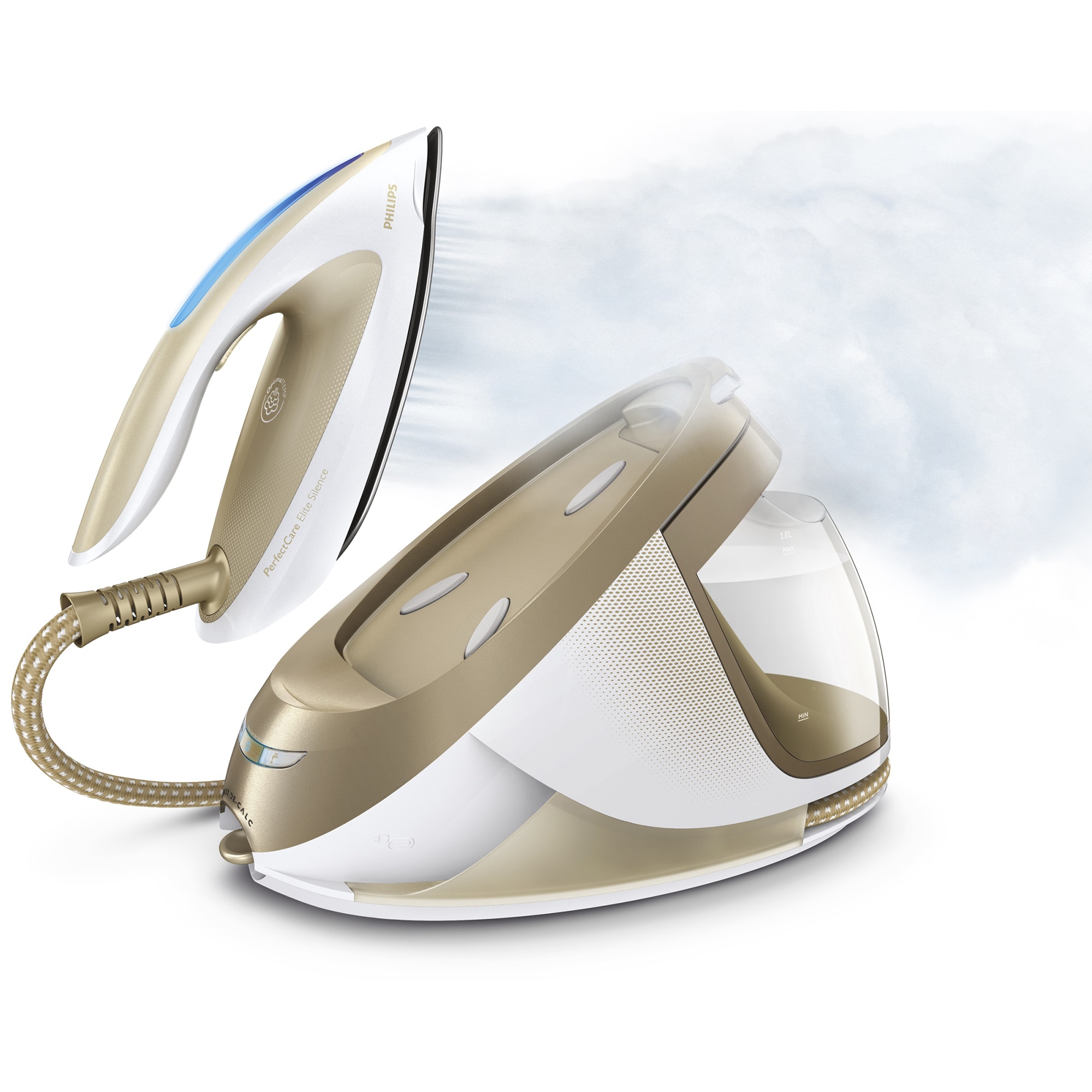 Statie de calcat Philips PerfectCare Expert GC9642/60, 2400 W, 1.8 l, 490 g/min, OptimalTemp, talpa SteamGlide, Alb/Auriu