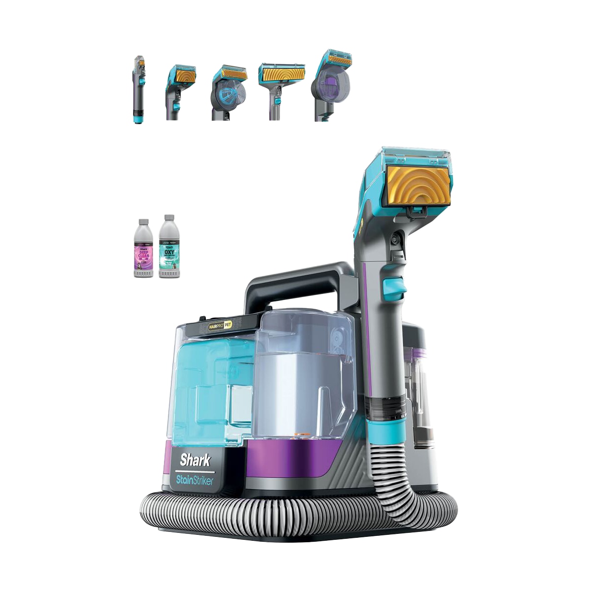 Aspirator cu spalare Shark StainStriker HairPro Pet PX250EUT, 450W, rezervor apa/detergent 1.2L, rezervor apa murdara 0.72L, 5 accesorii pete, 2 HairExtractor anti-incalcare par, solutii CarpetXpert & OXY Multiplier, Self-Clean, raza 5.7m, roz