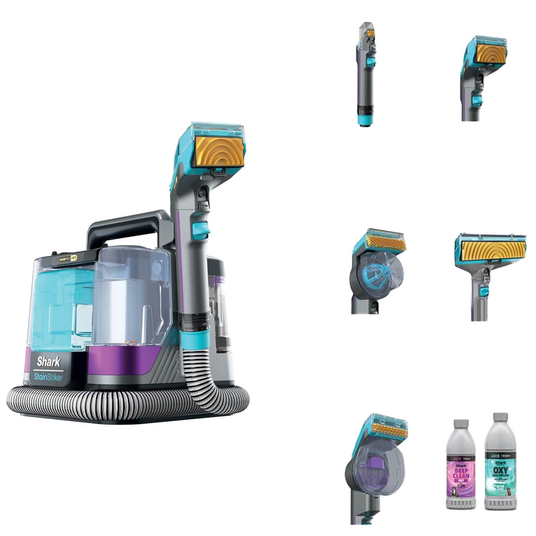 Aspirator cu spalare Shark StainStriker HairPro Pet PX250EUT, 450W, rezervor apa/detergent 1.2L, rezervor apa murdara 0.72L, 5 accesorii pete, 2 HairExtractor anti-incalcare par, solutii CarpetXpert & OXY Multiplier, Self-Clean, raza 5.7m, roz