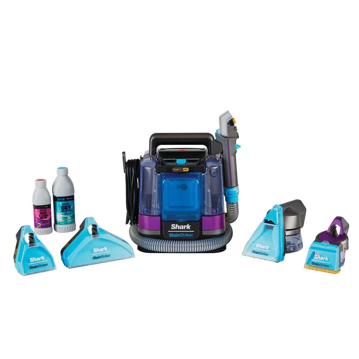 Aspirator cu spalare Shark StainStriker HairPro Pet PX250EUT, 450W, rezervor apa/detergent 1.2L, rezervor apa murdara 0.72L, 5 accesorii pete, 2 HairExtractor anti-incalcare par, solutii CarpetXpert & OXY Multiplier, Self-Clean, raza 5.7m, roz
