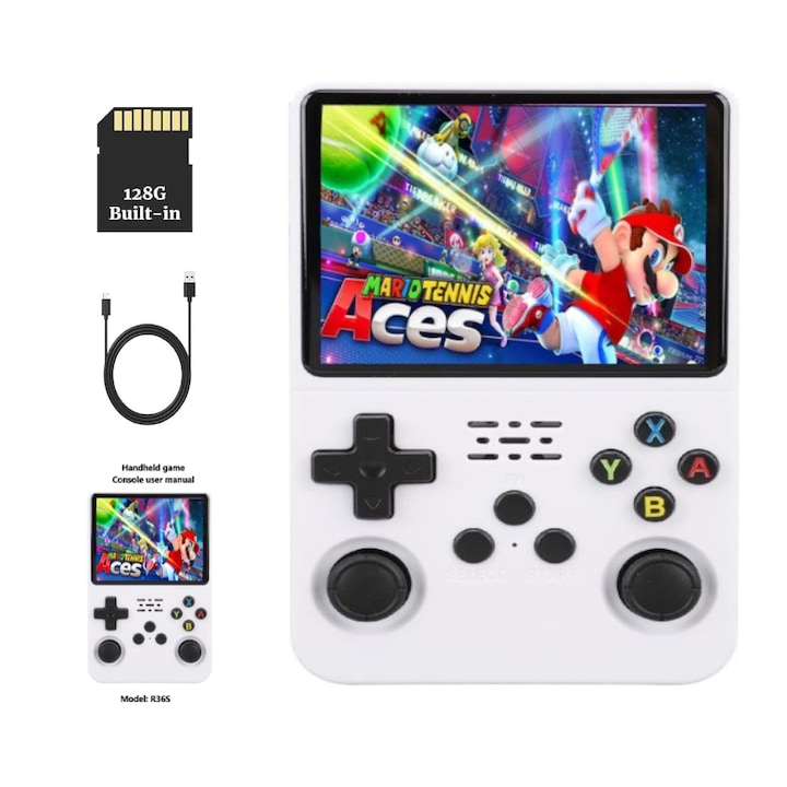 Consola de jocuri retro portabila FRAMMINO®, Air Version R36S, 22682 de jocuri, 128 GB, Linux Ark OS 2.0, ecran IPS de 3, 5 inch, baterie 3000mAh, alba
