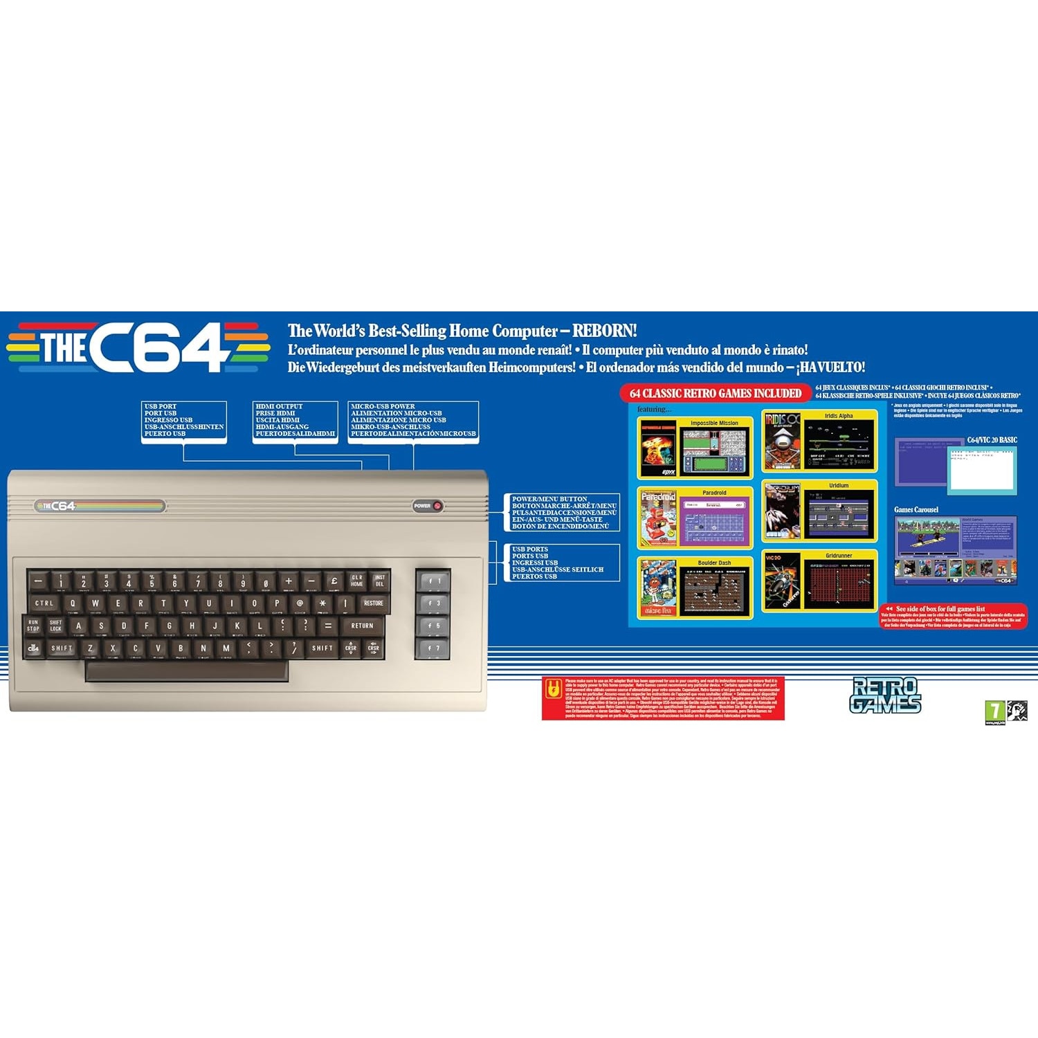 Consolă de jocuri de birou, Commodore C64 Maxi, HD 720p, 64 de jocuri încorporate, Retro, Gri