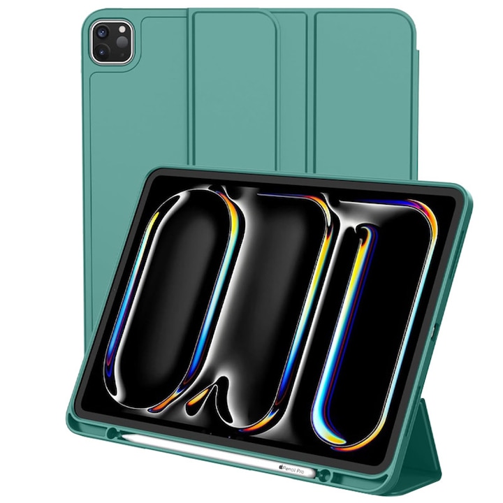 Husa tip Carte cu Suport Pix pentru Apple iPad Pro 12.9" si iPad Air 13", Protectie completa, Pliabila, Verde
