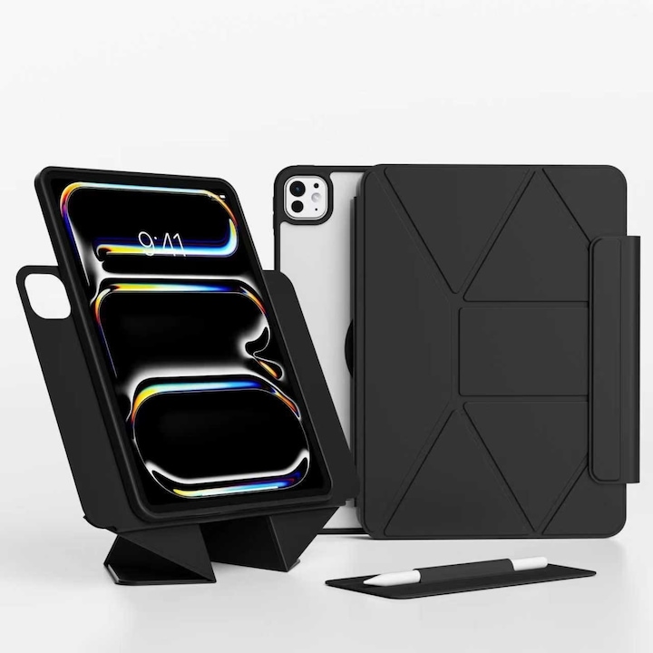 Husa de protectie Gelle pentru iPad Air 13" (M2/M3) 2024/2025, iPad Pro 12.9" (2018/2020/2021/2022), cu suport pentru stilou, husa inteligenta cu suport pliabil in 3 moduri, magnetica, ultra-subtire din piele, functie auto-wake, neagra