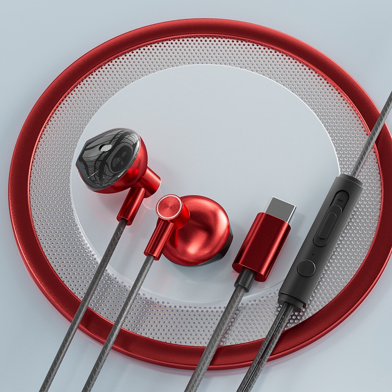 Casti cu fir, in-ear, tip C, rosii, design confortabil, sunet de inalta fidelitate