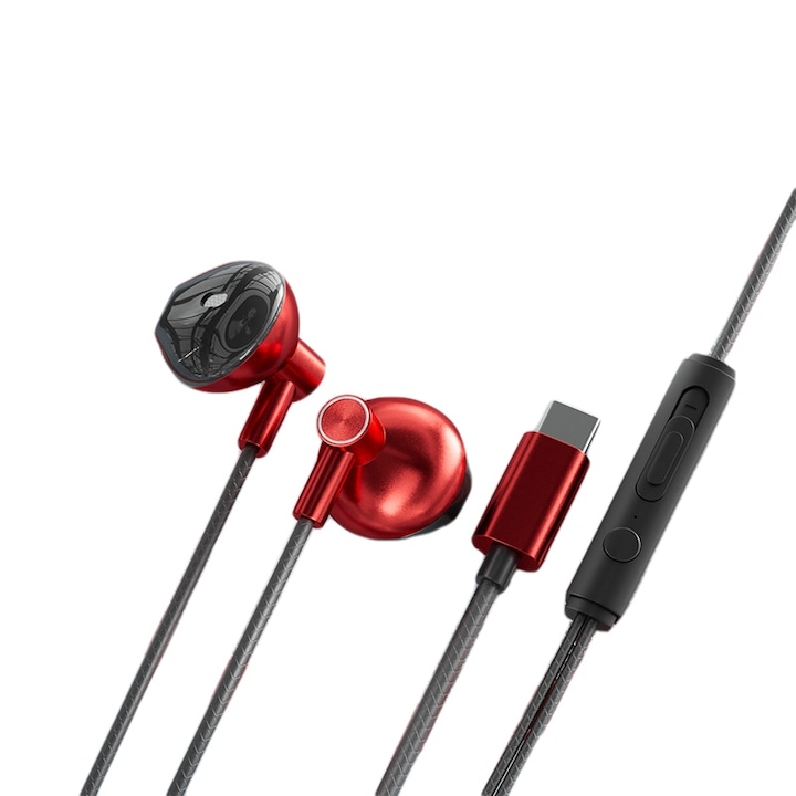 Casti cu fir, in-ear, tip C, rosii, design confortabil, sunet de inalta fidelitate