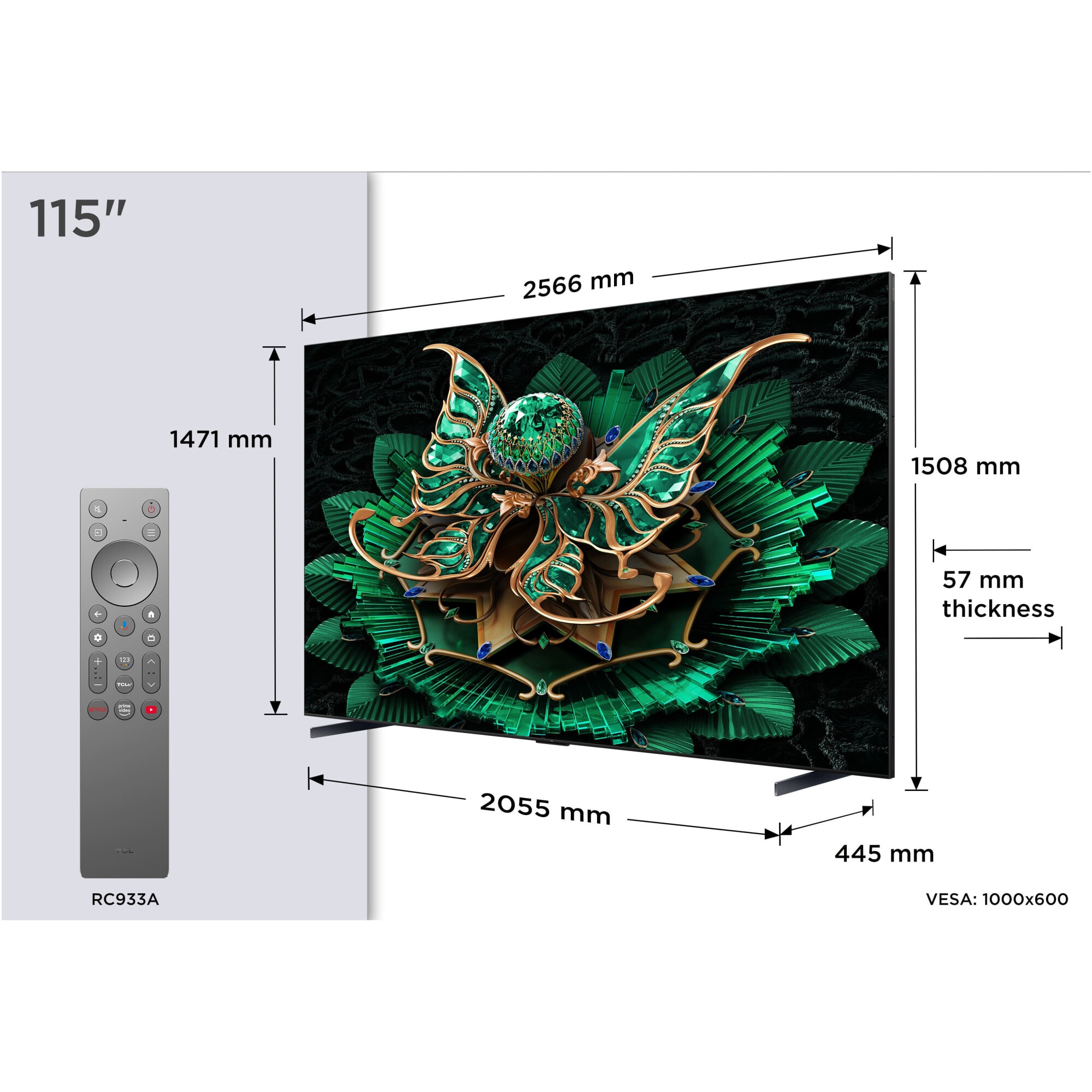 Televizor TCL QD-MiniLed 115C7K, 291 cm, Smart Google TV, 4K Ultra HD, 100Hz, Clasa E (Model 2025)