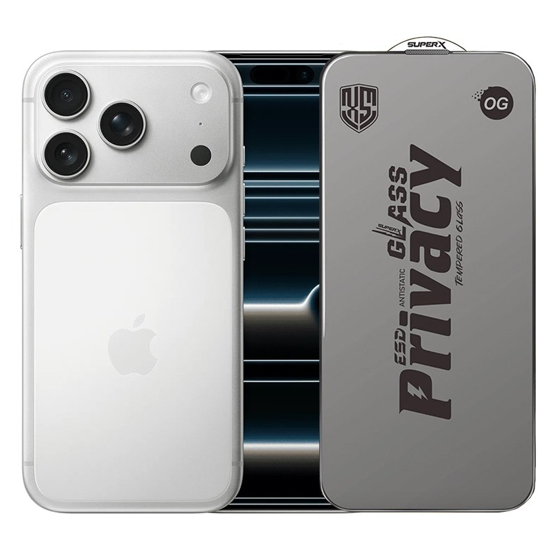 Folie de Protectie pentru Apple iPhone 17 Pro, Flippy, Sticla Securizata ESD Antistatica, Super-X Privacy OG, Margini Negre, 0.30 mm, Transparent Inchis