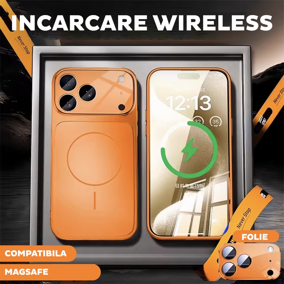 Husa pentru Apple iPhone 15 Pro Max Daden® MagLens, Slim, Incarcare wireless, Magsafe, Protectie camera inclusa, Portocaliu