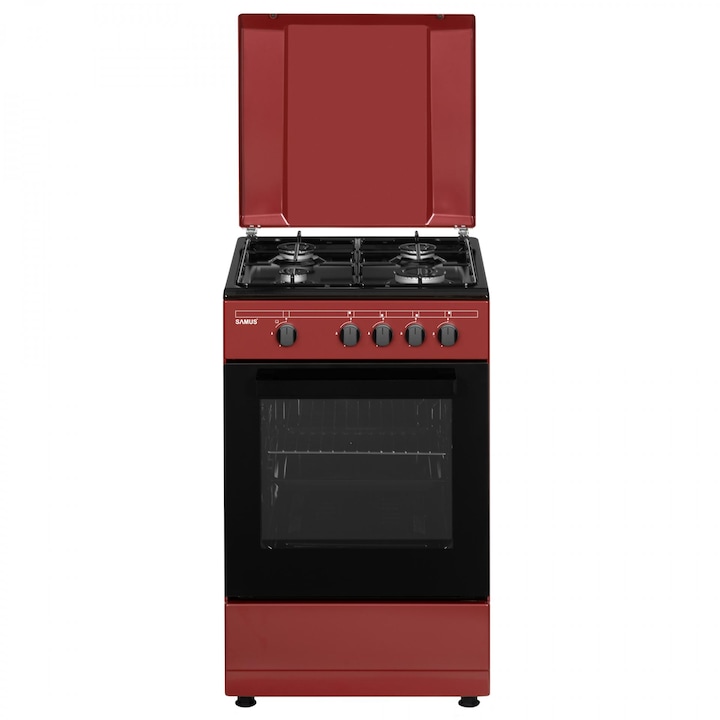 Aragaz Samus SM566APGS, 4 Arzatoare gaz, Cuptor Gaz, 49 L, Burgundy/Negru