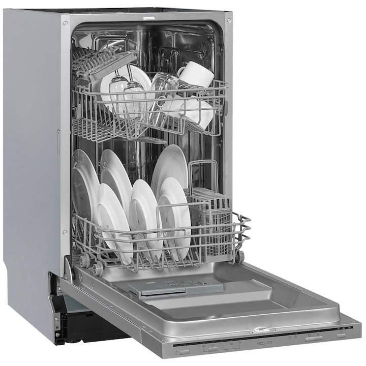 Masina de spalat incorporabila Exquisit, 9 seturi, latime 45 cm, pornire intarziata pana la 9 h, 5 programe, functie ECO, extra-uscare, panou de control mecanic, indicator pentru detergent, inox