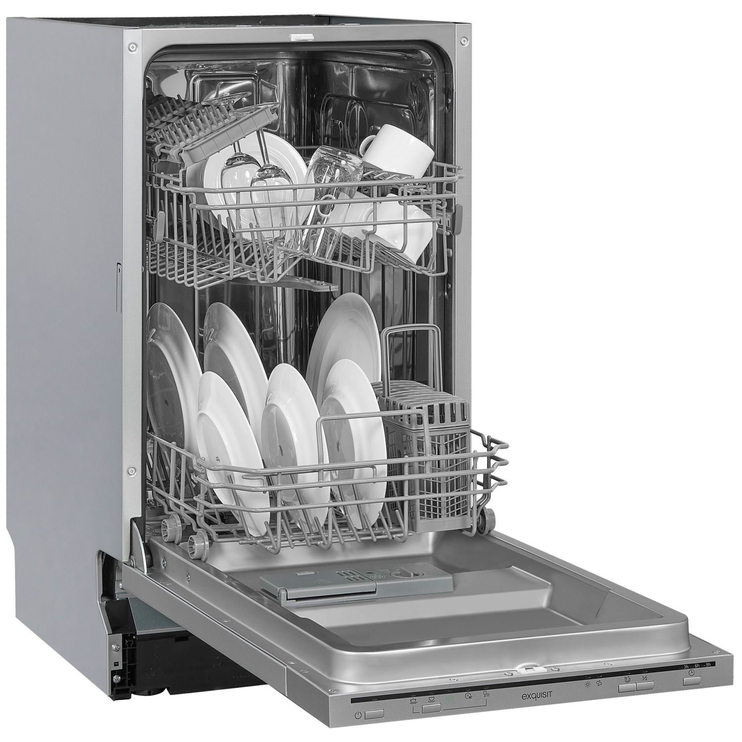 Masina de spalat incorporabila Exquisit, 9 seturi, latime 45 cm, pornire intarziata pana la 9 h, 5 programe, functie ECO, extra-uscare, panou de control mecanic, indicator pentru detergent, inox