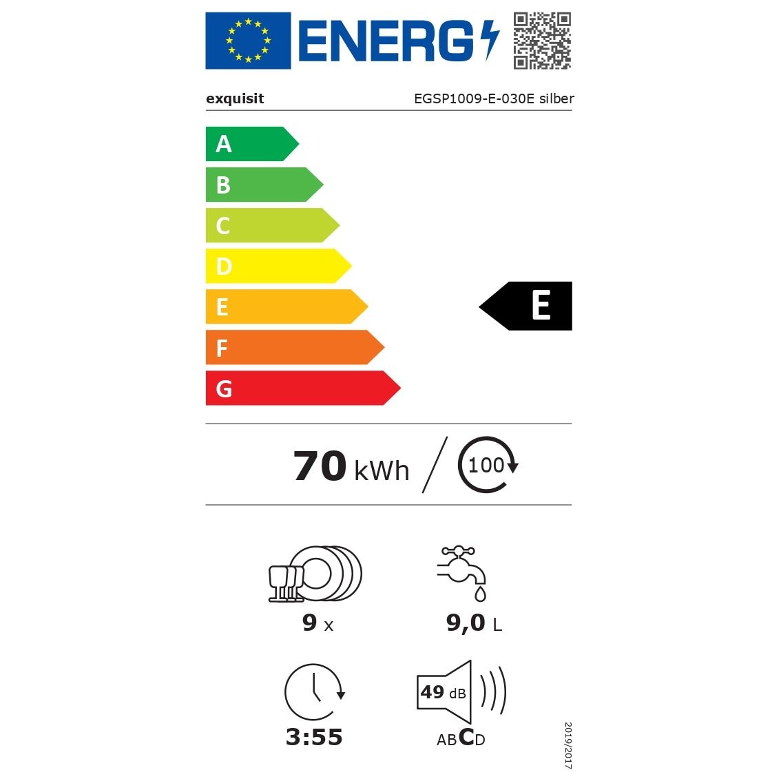 Masina de spalat incorporabila Exquisit, 9 seturi, latime 45 cm, pornire intarziata pana la 9 h, 5 programe, functie ECO, extra-uscare, panou de control mecanic, indicator pentru detergent, inox