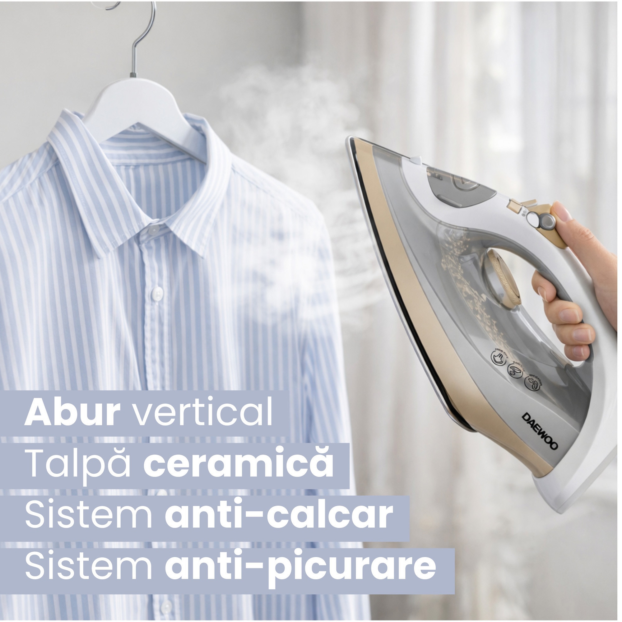 Fier de calcat Daewoo DSI2400, 2400 W, talpa ceramica, jet abur puternic 30 g/minut, abur vertical, auto curatare, anti picurare, anti calcar, capacitate rezervor 300 ml, alb/bej