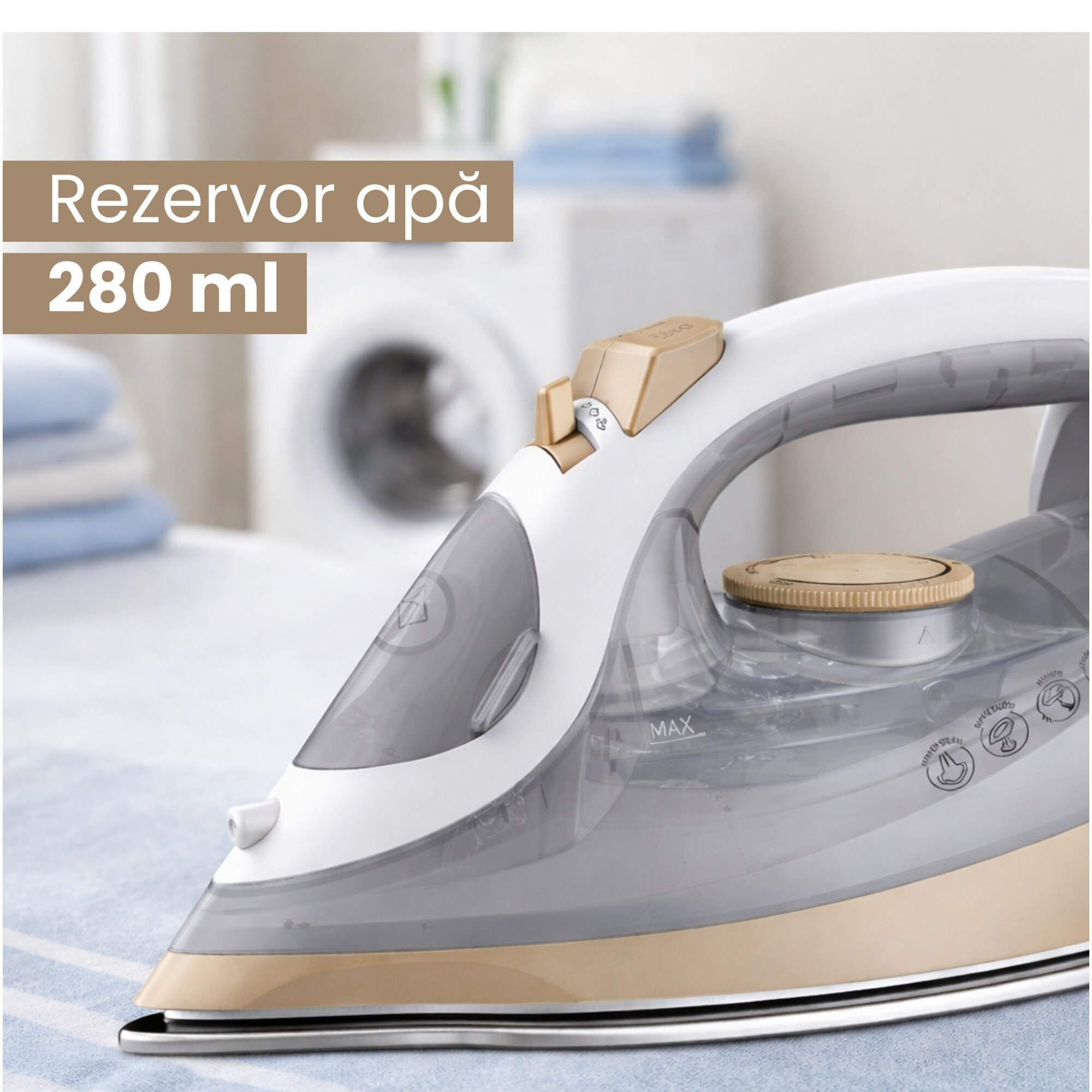 Fier de calcat Daewoo DSI2400, 2400 W, talpa ceramica, jet abur puternic 30 g/minut, abur vertical, auto curatare, anti picurare, anti calcar, capacitate rezervor 300 ml, alb/bej