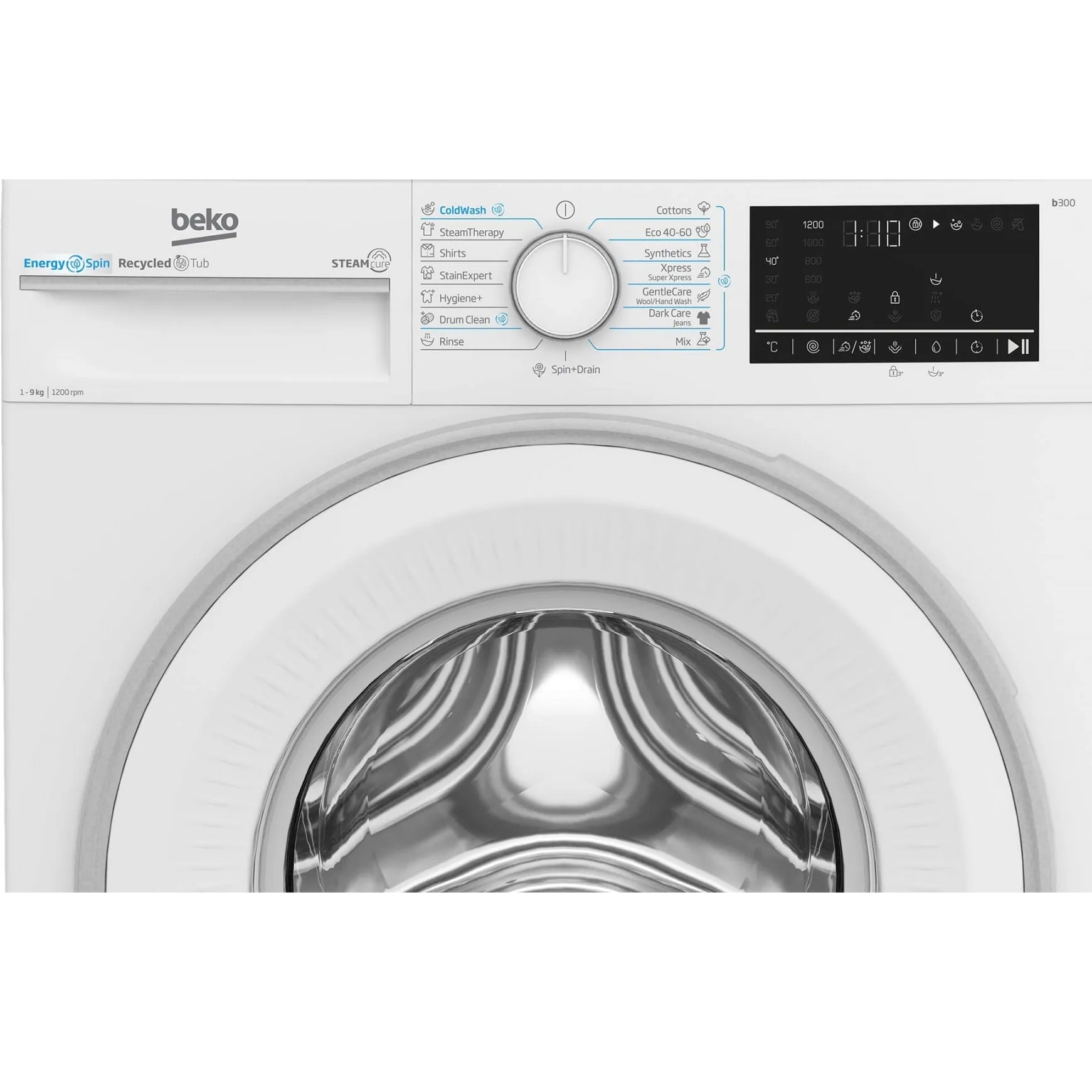Masina de spalat rufe Beko B3WFU49215WWES, 9 kg, 1200 RPM, Clasa A, Motor ProSmart Inverter, Recycled Tub, Hygiene+, SteamCure, AddXtra, Alb