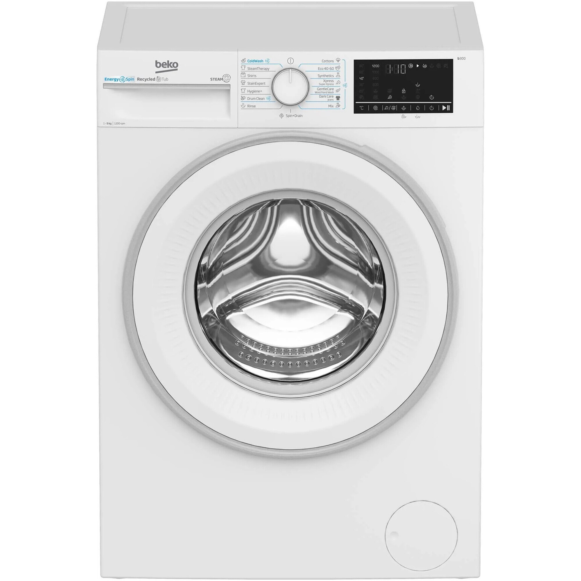 Masina de spalat rufe Beko B3WFU49215WWES, 9 kg, 1200 RPM, Clasa A, Motor ProSmart Inverter, Recycled Tub, Hygiene+, SteamCure, AddXtra, Alb