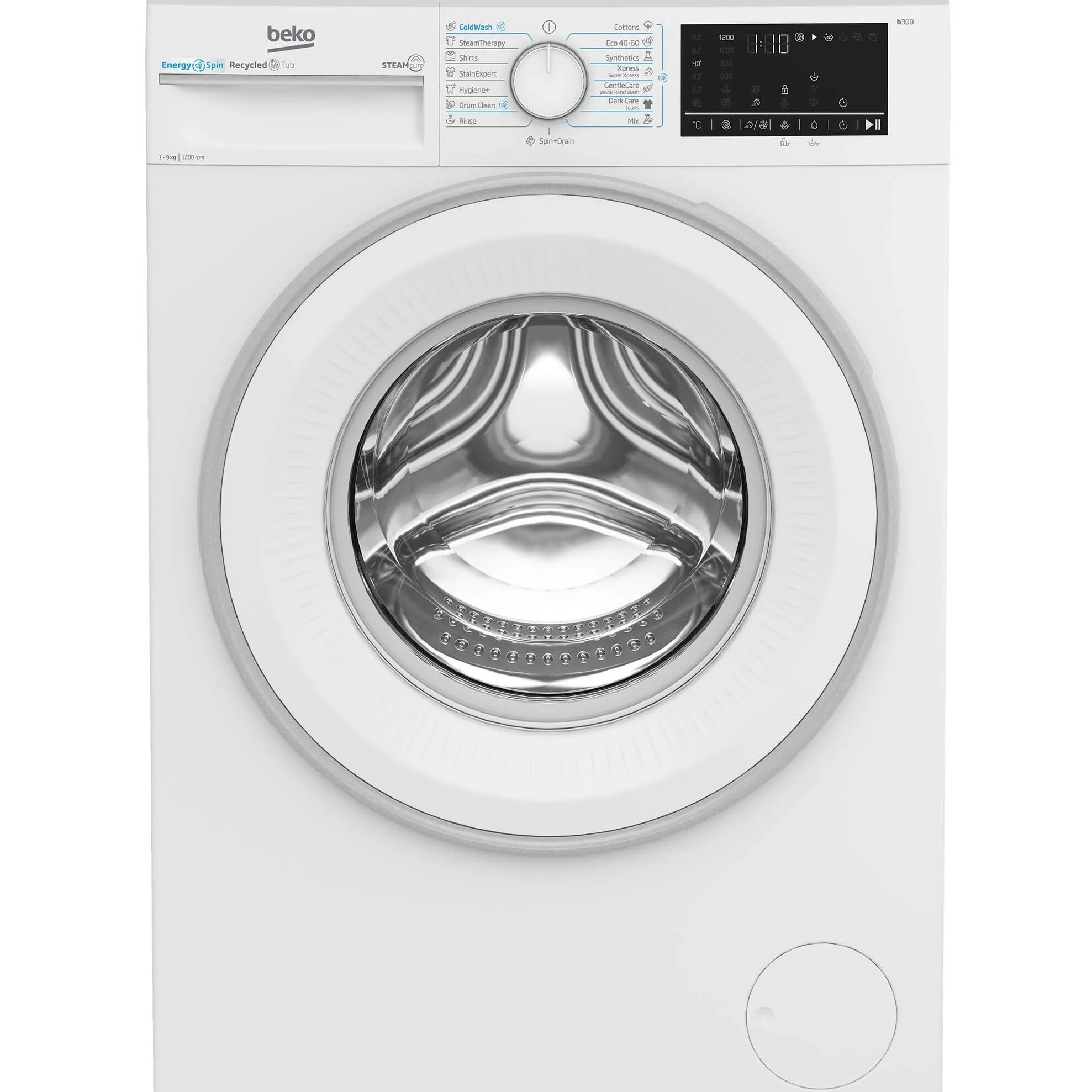 Masina de spalat rufe Beko B3WFU49215WWES, 9 kg, 1200 RPM, Clasa A, Motor ProSmart Inverter, Recycled Tub, Hygiene+, SteamCure, AddXtra, Alb