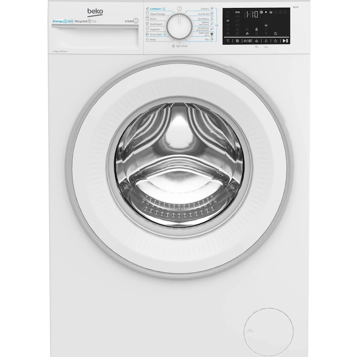Masina de spalat rufe Beko B3WFU49215WWES, 9 kg, 1200 RPM, Clasa A, Motor ProSmart Inverter, Recycled Tub, Hygiene+, SteamCure, AddXtra, Alb