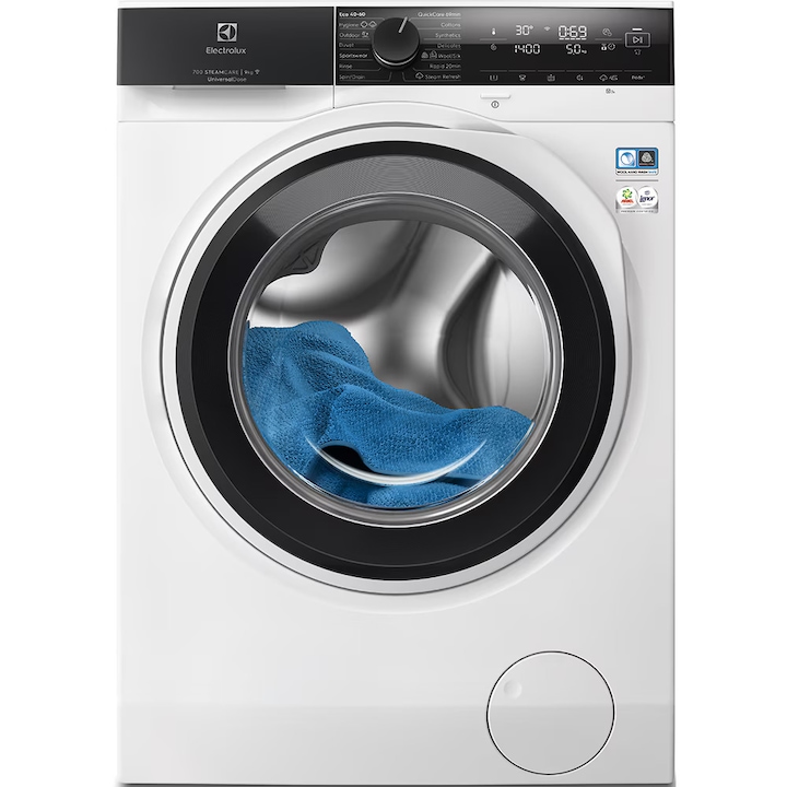 Masina de spalat rufe ELECTROLUX EW7F4494QE PerfectCare700, 9 kg, 1400 rpm, Clasa A, Wi-Fi, motor Inverter, display LED, SteamCare + SensiCare, dozator Universal, QuickCare 69', Rapid 20', Abur Improspatare,Sport,Outdoor, TimeManager, Alb