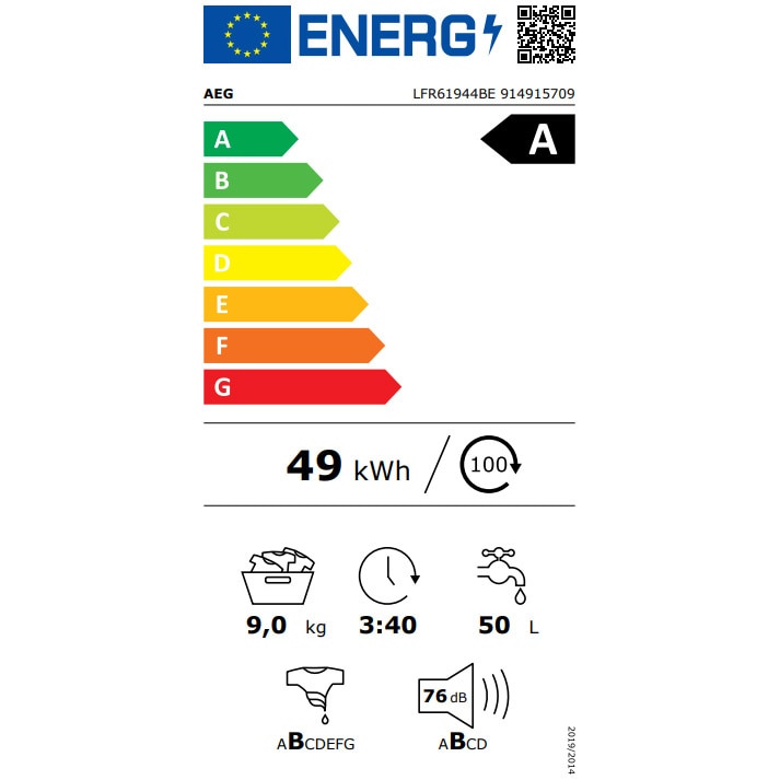 Masina de spalat rufe AEG SERIA 6000 LFR62944BE, 9 kg, 1400 rpm, Clasa A, ProSense, Motor Inverter, Display LED, Alb