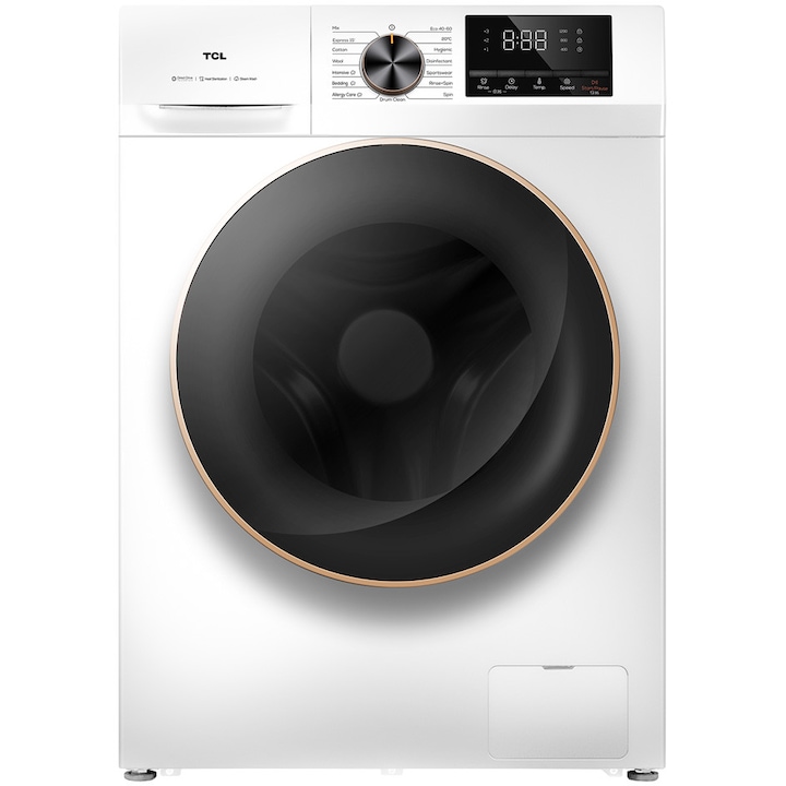 Masina de spalat rufe TCL FP1012WA0, 10 kg, 1200 RPM, Clasa A, BLDC Inverter Motor, Steam Wash, Drum Clean, 24 Hour Delay, Honeycomb Drum, Quick Wash 15 min, Add Garment, 16 Programe, Alb