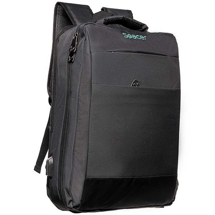 Rucsac New York pentru notebook, Spacer, 17", compartiment laptop si compartiment calatorie, buzunar frontal, compartiment travel, troler strap,, waterproof, poliester, negru