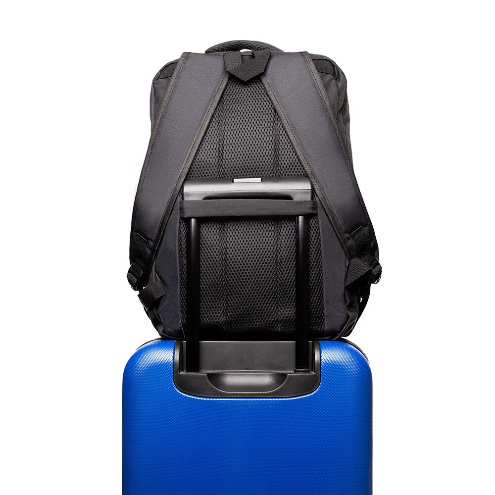 Rucsac New York pentru notebook, Spacer, 17", compartiment laptop si compartiment calatorie, buzunar frontal, compartiment travel, troler strap,, waterproof, poliester, negru