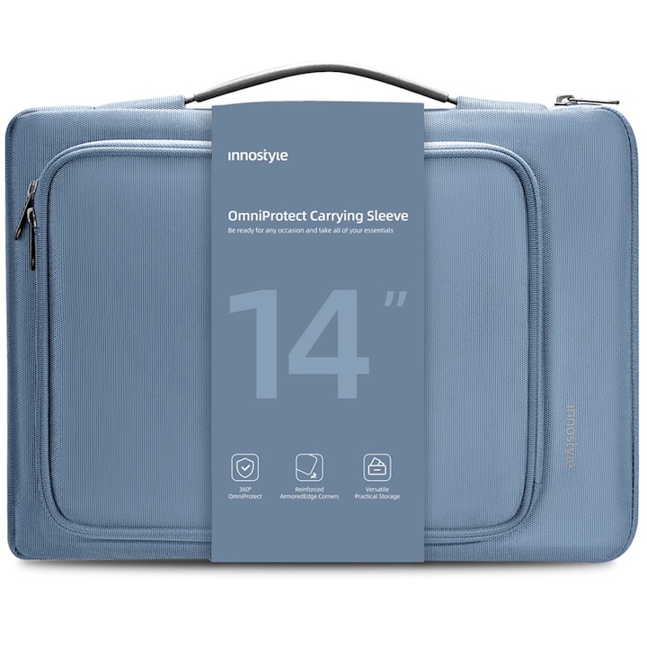 Geanta Laptop 14” Innostyle®, Impermeabila OmniProtect Eco-Friendly, Husa Ultra-Usoara si Rezistenta pentru Notebook/Ultrabook, Compatibila cu MacBook Pro/Air, Fermoare YKK, Compartimente Multiple, Protectie Antisoc, Design Ergonomic, Albastru
