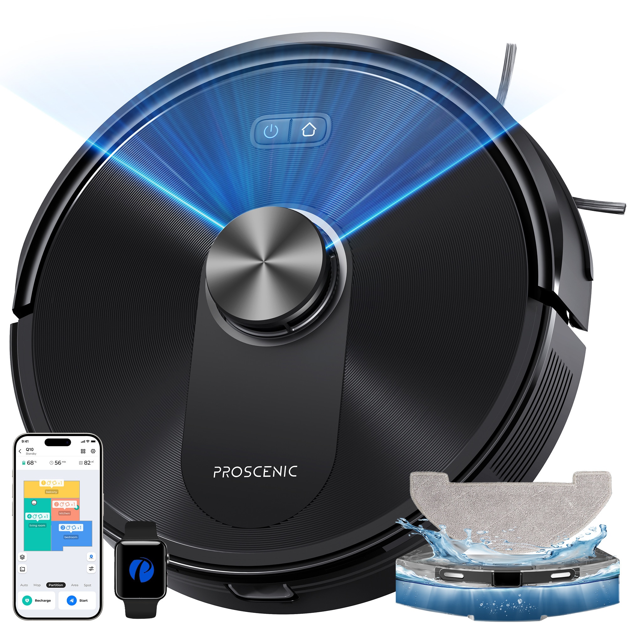 Aspirator robot Proscenic Q10 cu mop, 8000Pa, Robot de aspirare, Google Home, Siri sau IFTTT, navigare LiDAR 360°, statie de auto-golire