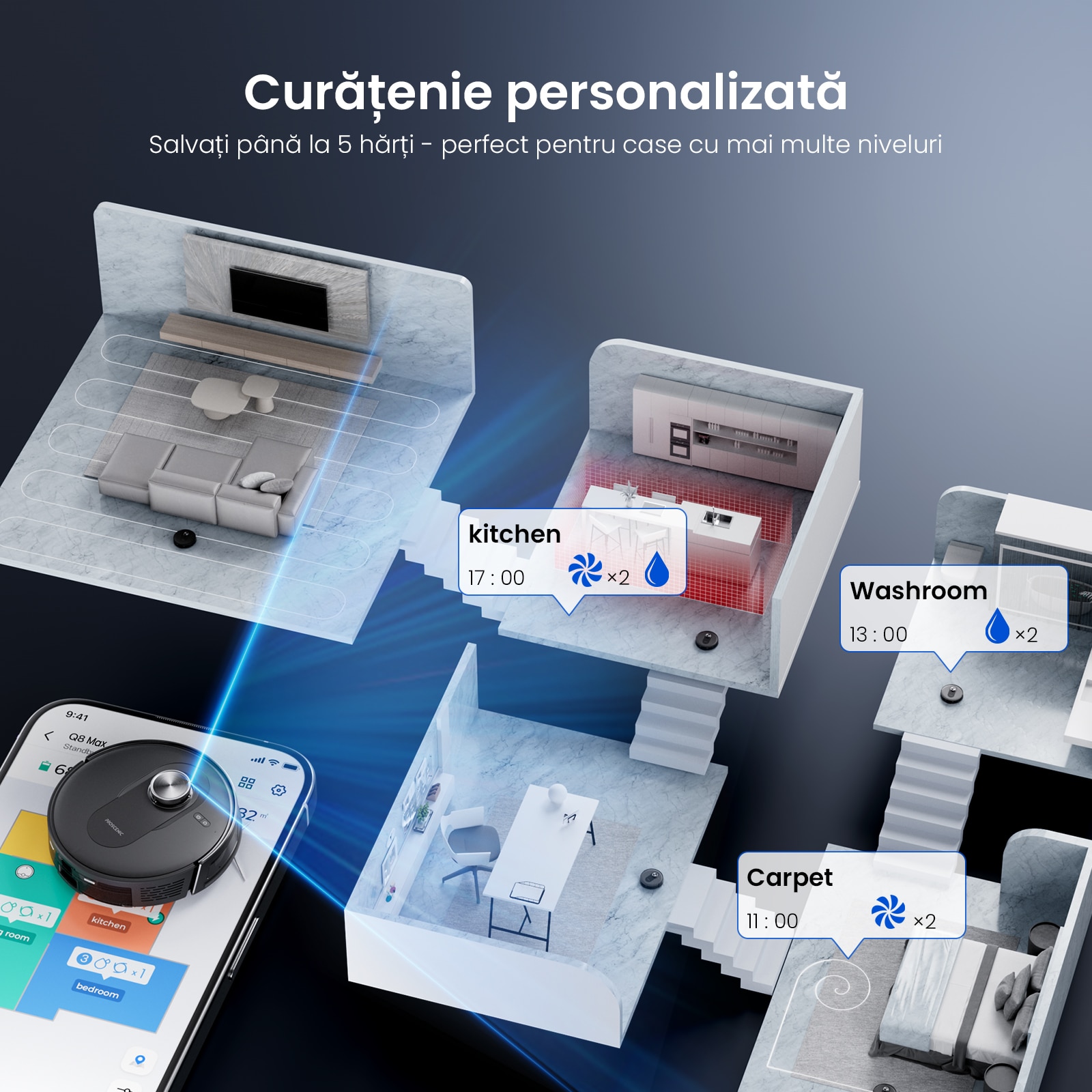 Aspirator robot Proscenic Q10 cu mop, 8000Pa, Robot de aspirare, Google Home, Siri sau IFTTT, navigare LiDAR 360°, statie de auto-golire