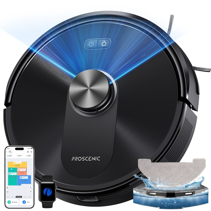 Aspirator robot Proscenic Q10 cu mop, 8000Pa, Robot de aspirare, Google Home, Siri sau IFTTT, navigare LiDAR 360°, statie de auto-golire