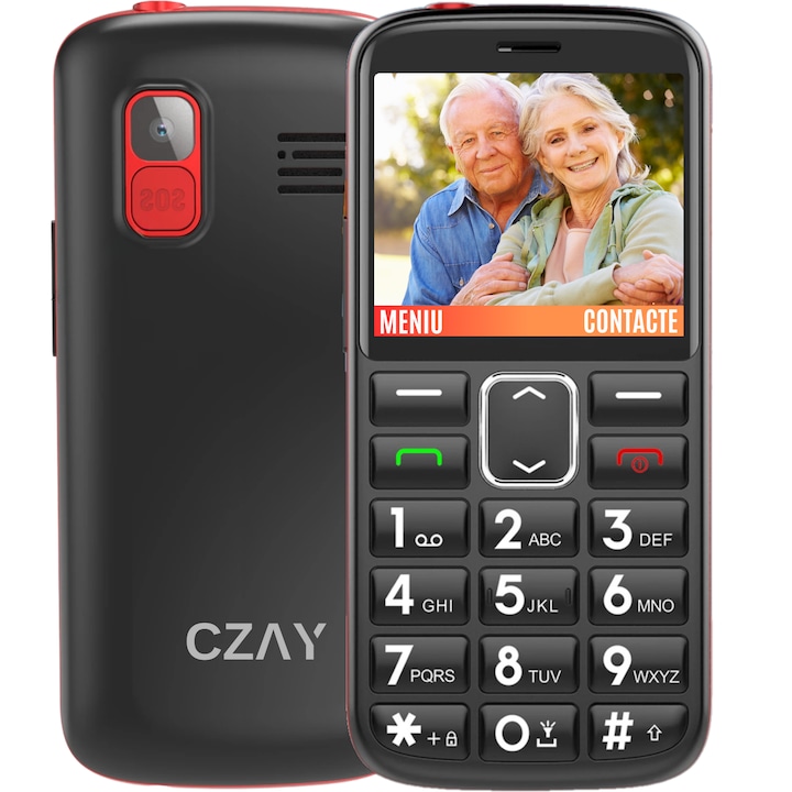 Telefon Mobil Seniori CZAY® cu Taste Mari si Buton SOS pentru Siguranta, Meniu Romana, Autonomie 7 Zile, Volum Puternic, Dual Sim, Ecran LCD Generos, Color, Camera foto, Lanterna, Radio, Bluetooth, Negru, 2G