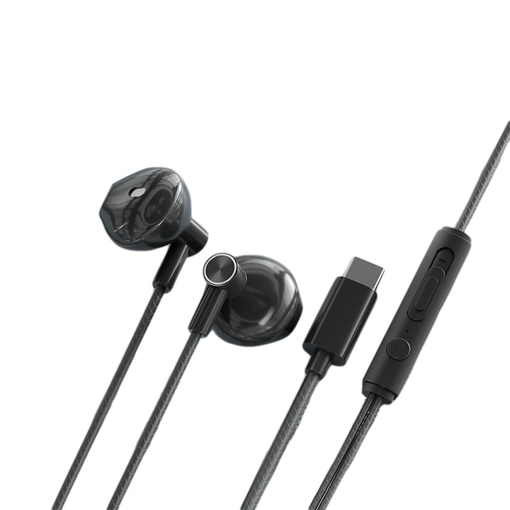 Casti cu fir, in-ear, negru, tip C, design elegant, sunet de inalta fidelitate