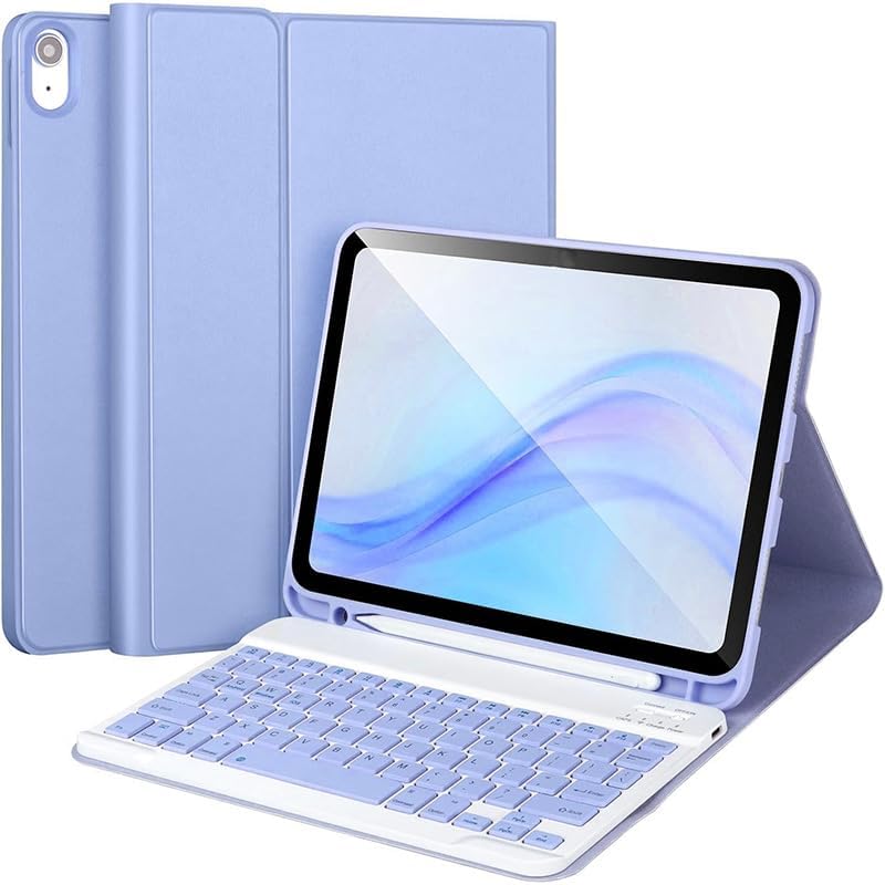 Husa cu tastatura wireless pentru tableta, compatibil cu iPad 11 (A16) 2025/10 2022, Tastatura magnetica detasabila, suport pentru creion, violet