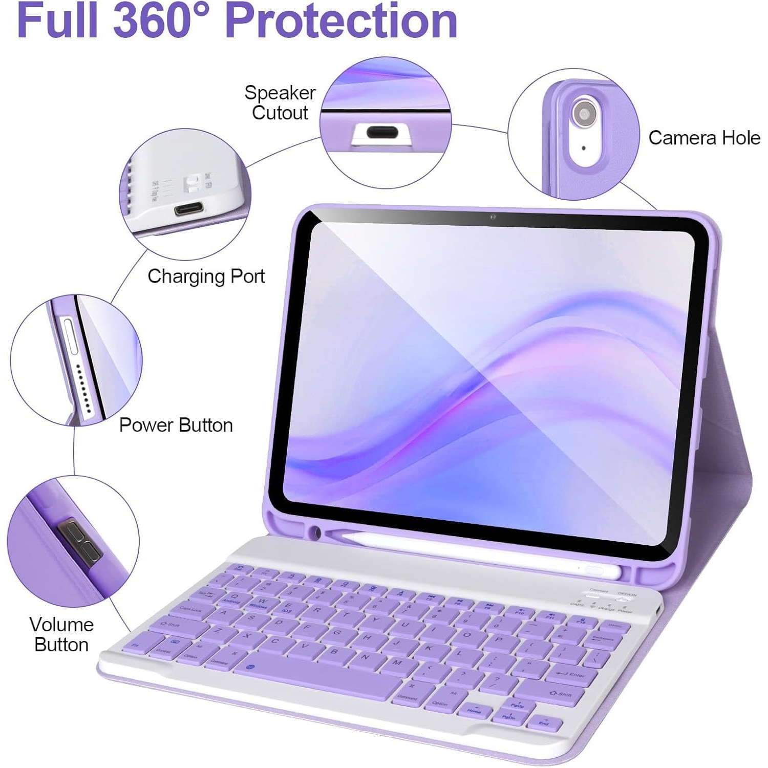 Husa cu tastatura wireless pentru tableta, compatibil cu iPad 11 (A16) 2025/10 2022, Tastatura magnetica detasabila, suport pentru creion, violet
