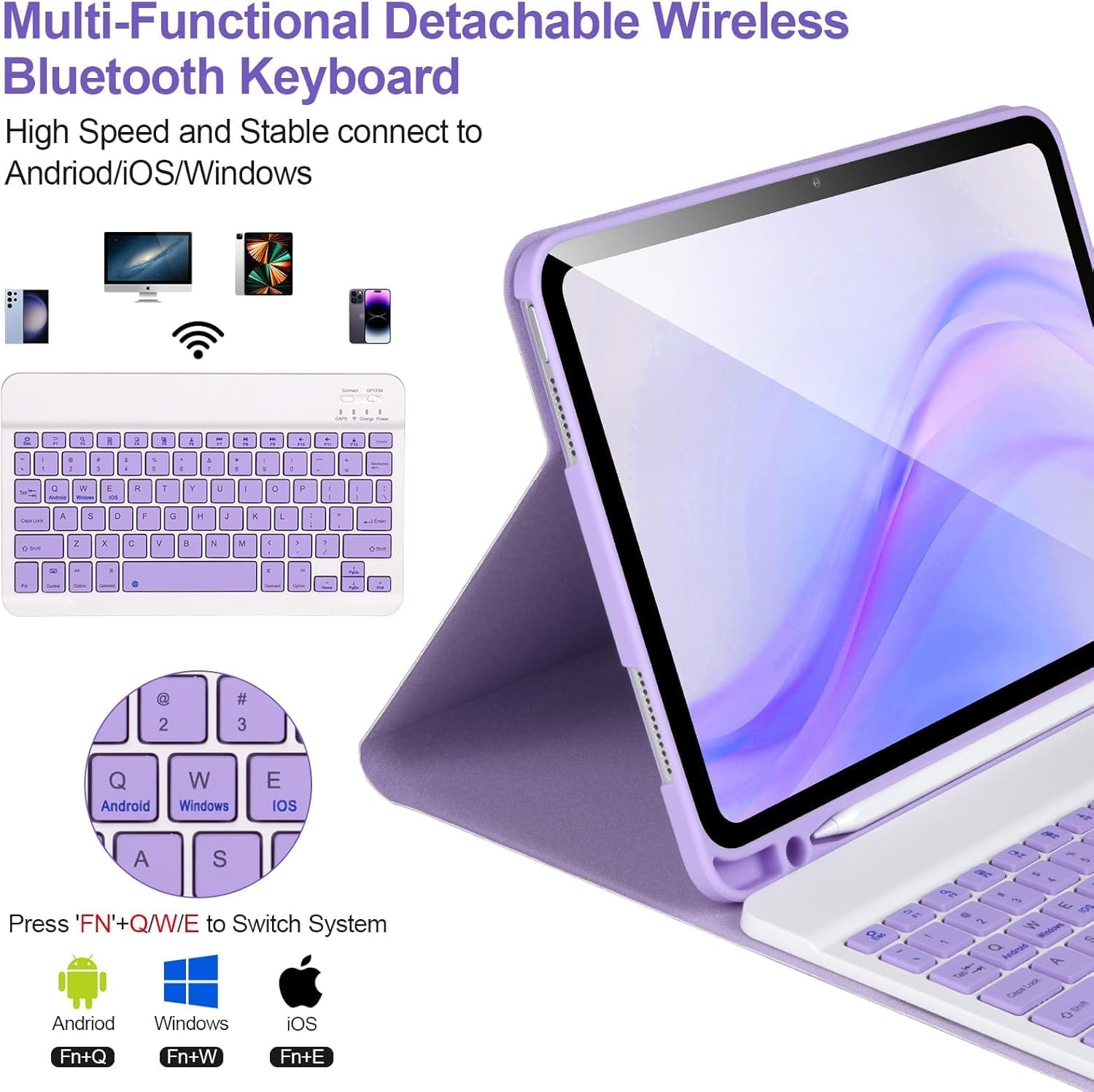 Husa cu tastatura wireless pentru tableta, compatibil cu iPad 11 (A16) 2025/10 2022, Tastatura magnetica detasabila, suport pentru creion, violet