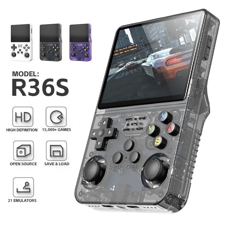 Consola de jocuri portabila R36S, ecran IPS 3.5 inch, 640×480, 64GB, peste 15.000 jocuri retro incluse, Negru