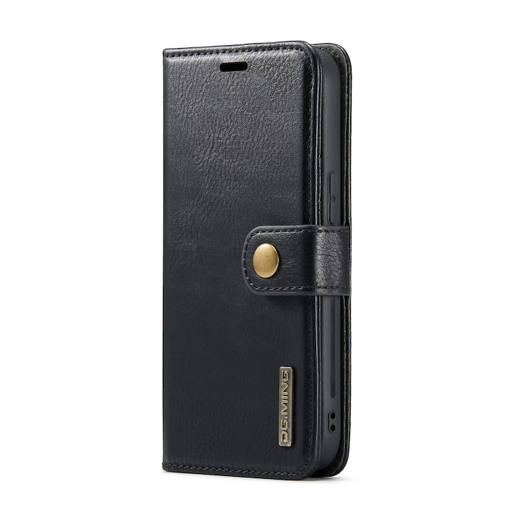 Husa pentru iPhone 14 Pro, CaseMe, piele, 2 in 1, protectie superioara, inchidere cu capsa magnetica, tip portofel, back cover, stand, Negru
