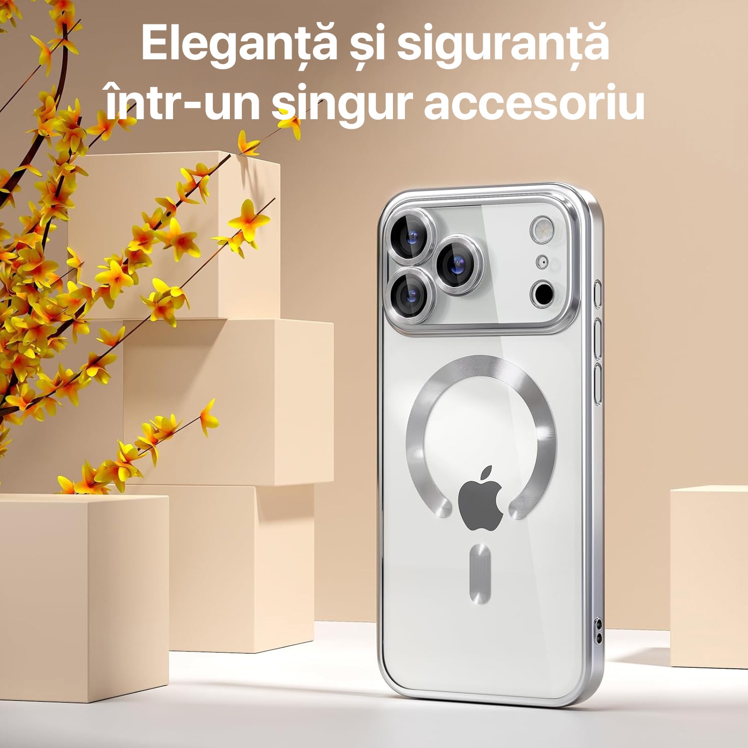 Husa pentru iPhone 17 Pro DaDen MagSafe Luxury, Antisoc, Protectie Camera, Margini Metalizate, Transparenta cu Margini Aringtii