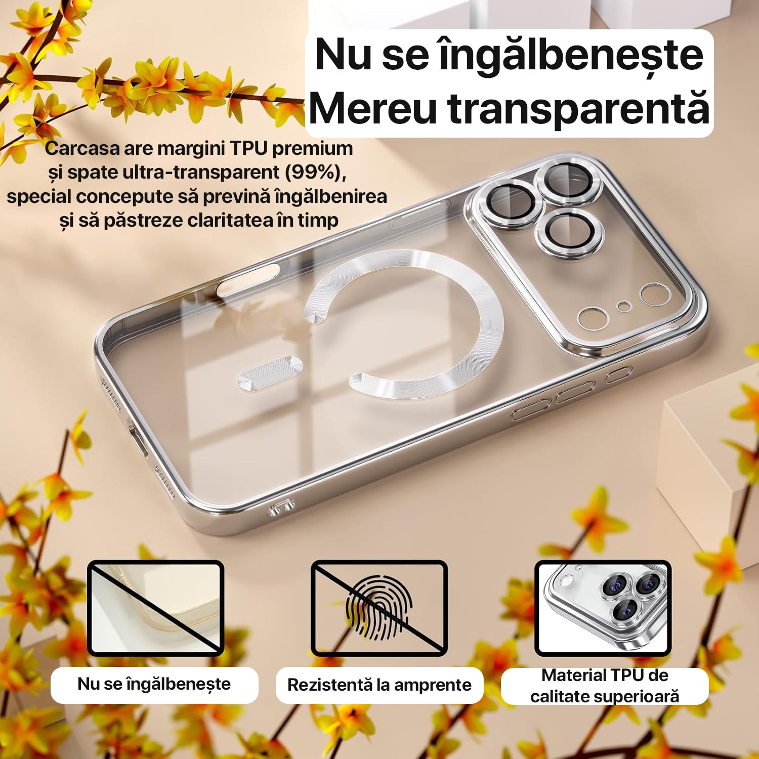 Husa pentru iPhone 17 Pro DaDen MagSafe Luxury, Antisoc, Protectie Camera, Margini Metalizate, Transparenta cu Margini Aringtii