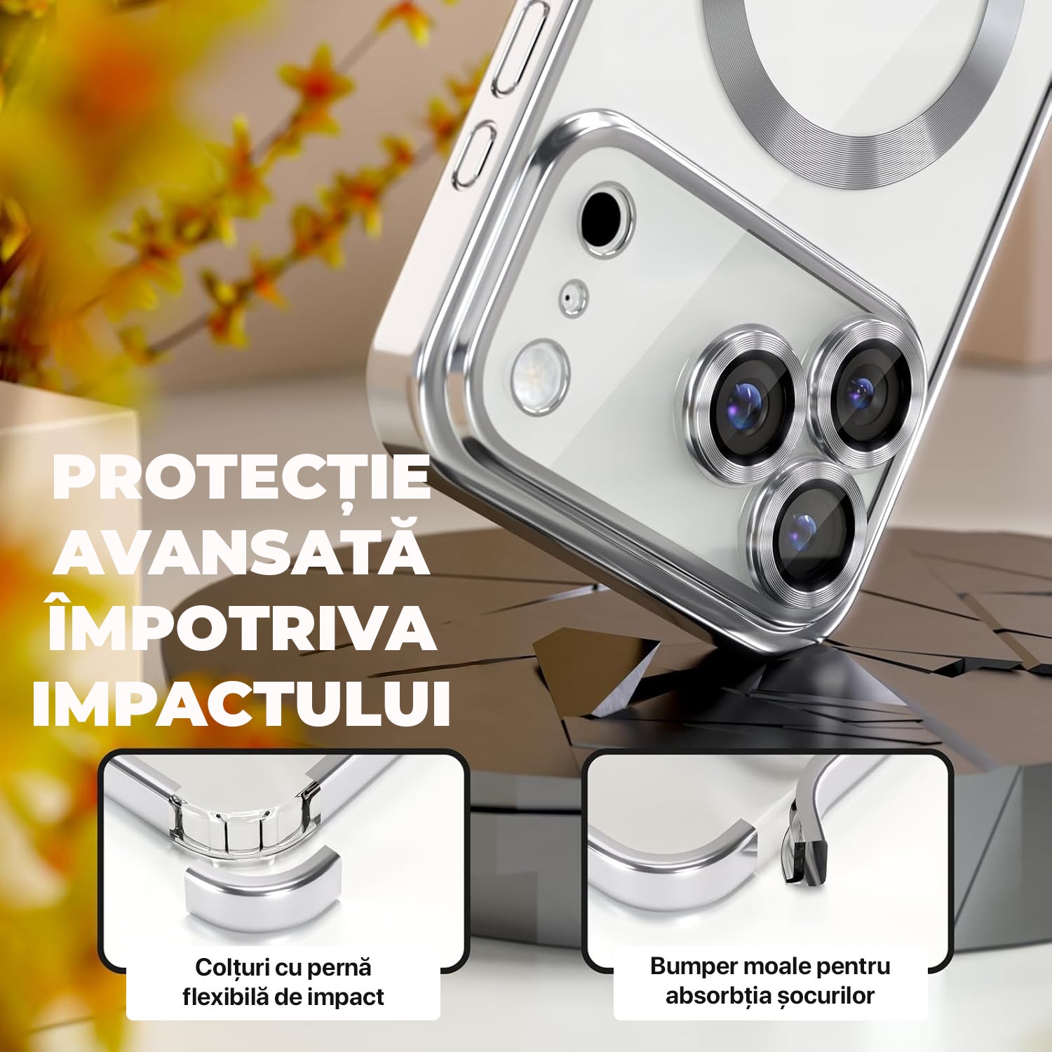 Husa pentru iPhone 17 Pro DaDen MagSafe Luxury, Antisoc, Protectie Camera, Margini Metalizate, Transparenta cu Margini Aringtii