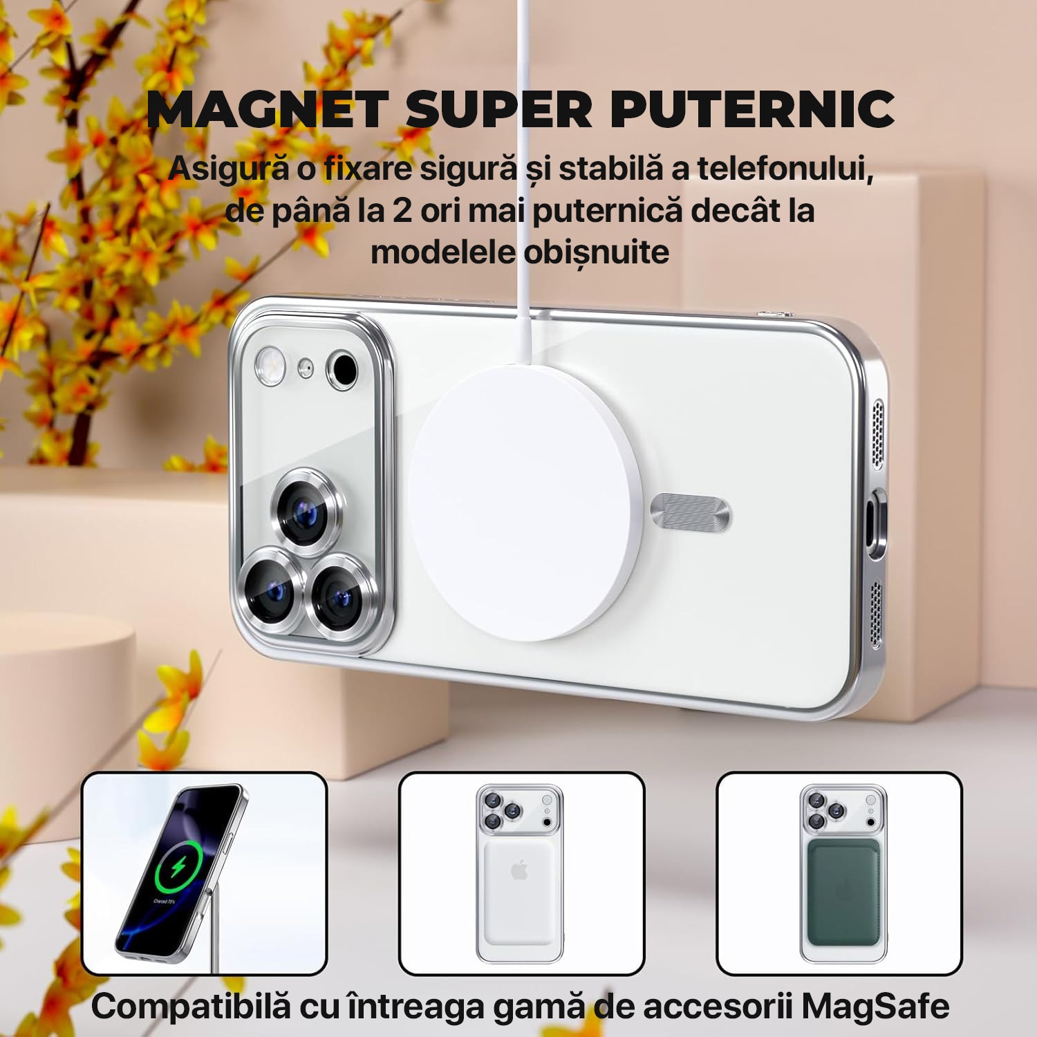 Husa pentru iPhone 17 Pro DaDen MagSafe Luxury, Antisoc, Protectie Camera, Margini Metalizate, Transparenta cu Margini Aringtii