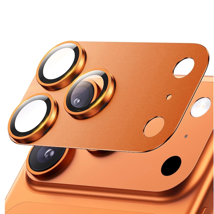 Folie Protectie Camera compatibila cu iPhone 17 Pro Max, Omelivon, Full Cover, Protectie Profesionala, Sticla temperata 9H, Ultra HD, Anti Amprente, Anti Zgarieturi, Anti Socuri, Portocaliu