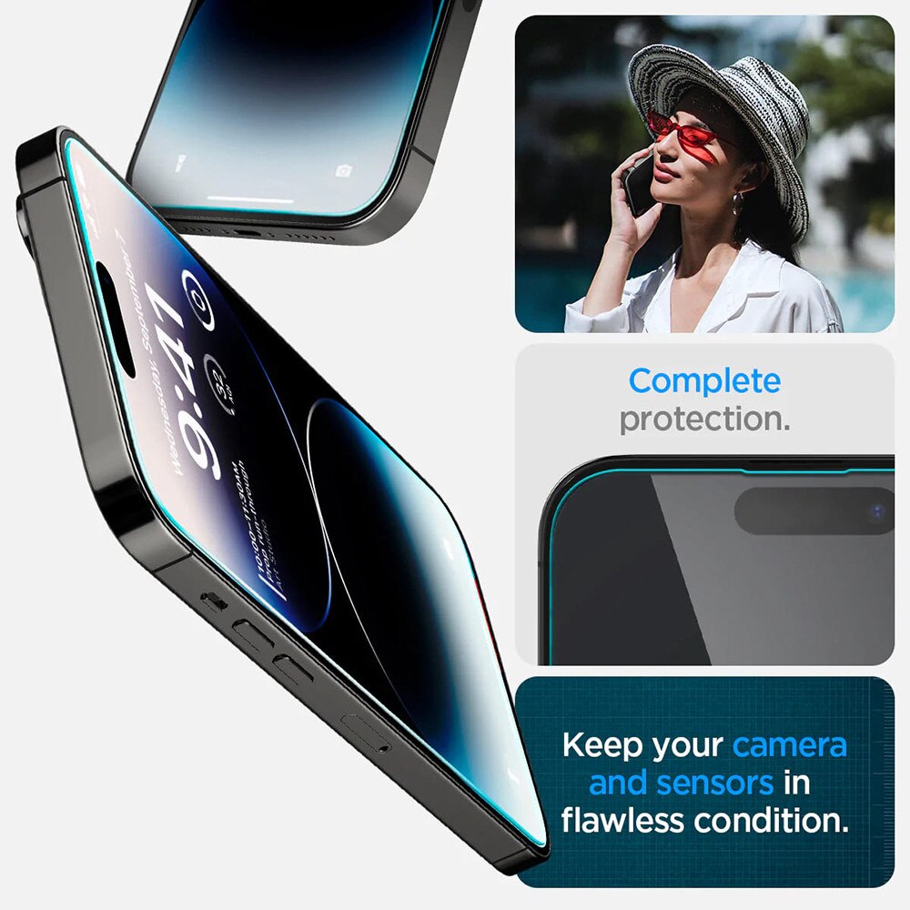 Set 2 folii sticla cu sistem de montare Case friendly Spigen GLAStR EZ FIT compatibil cu iPhone 14 Pro