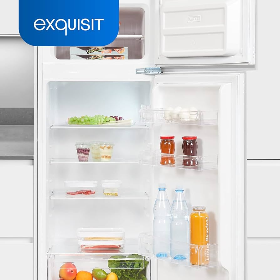 Frigider incorporabil Exquisit, capacitate totala 205 litri, H 145 cm, congelator 4 stele, compresor Inverter, compartiment pentru fructe si legume, 4 rafturi din sticla, iluminat interior LED, control mecanic de temperatura, picioare ajustabile, alb