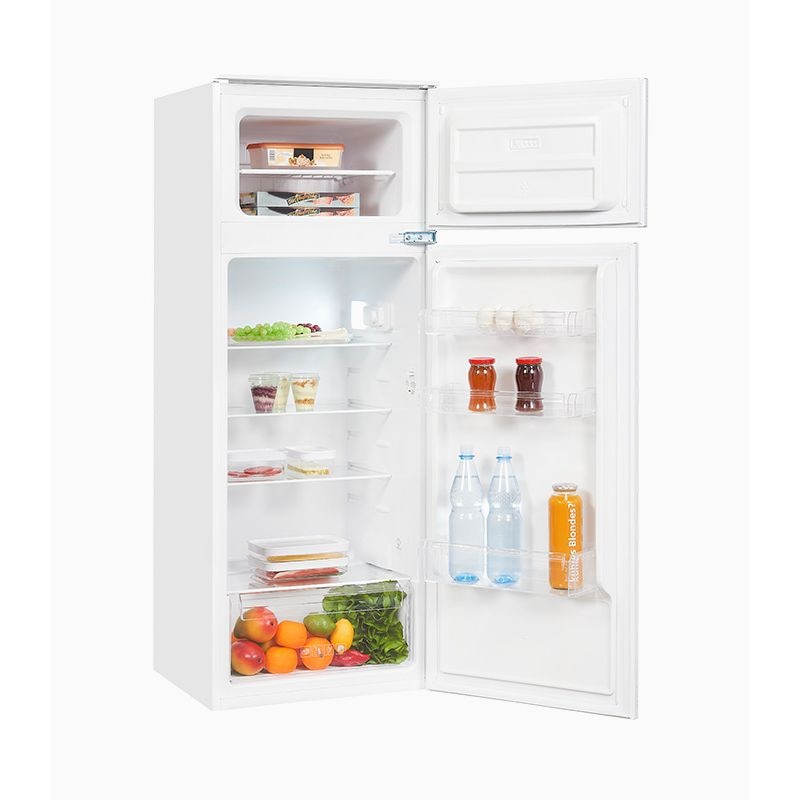 Frigider incorporabil Exquisit, capacitate totala 205 litri, H 145 cm, congelator 4 stele, compresor Inverter, compartiment pentru fructe si legume, 4 rafturi din sticla, iluminat interior LED, control mecanic de temperatura, picioare ajustabile, alb