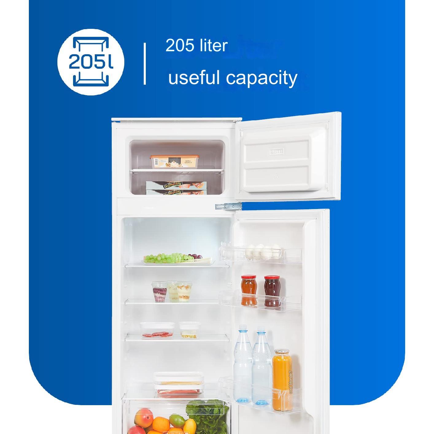 Frigider incorporabil Exquisit, capacitate totala 205 litri, H 145 cm, congelator 4 stele, compresor Inverter, compartiment pentru fructe si legume, 4 rafturi din sticla, iluminat interior LED, control mecanic de temperatura, picioare ajustabile, alb