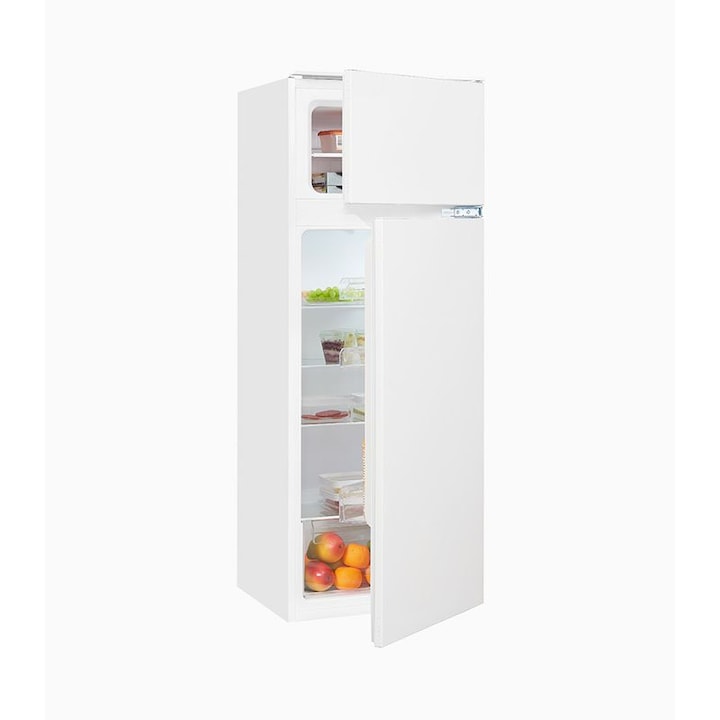Frigider incorporabil Exquisit, capacitate totala 205 litri, H 145 cm, congelator 4 stele, compresor Inverter, compartiment pentru fructe si legume, 4 rafturi din sticla, iluminat interior LED, control mecanic de temperatura, picioare ajustabile, alb