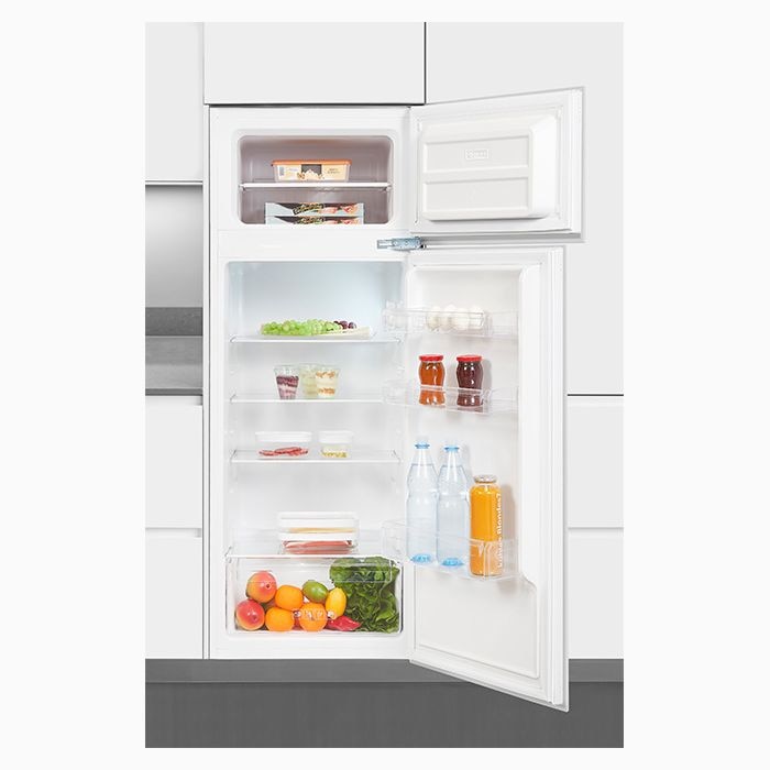 Frigider incorporabil Exquisit, capacitate totala 205 litri, H 145 cm, congelator 4 stele, compresor Inverter, compartiment pentru fructe si legume, 4 rafturi din sticla, iluminat interior LED, control mecanic de temperatura, picioare ajustabile, alb